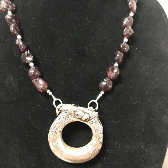Antique Obsessions Jewelry - Antique Sterling Silver Tiffany 925 Pendant Necklace Circle Loop Garnet Gemstone